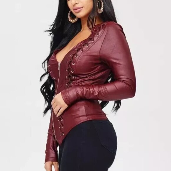 Faux Leather Lace Up Fitted Zip Front Long Sleeve Jacket Burgundy Juniors Small - Picture 3 of 6